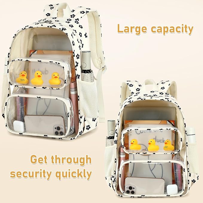 CAMTOP Clear Backpack Heavy Duty Transparent Bag See Through BookBag for Student School Work Festival Sport Travel (Beige Balck Flower)