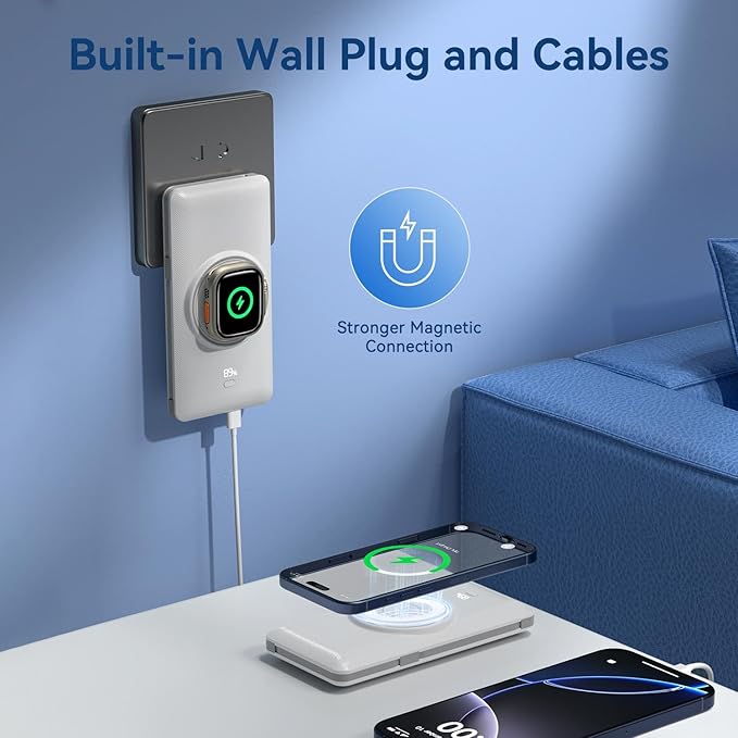 Magnetic 10000mAh Portable Charger for iWatch & iPhone, 22.5W USB C Fast Charging Wireless Power Bank Built-in Cables and Wall Plug, External Travel Battery Pack Compatible with iOS Android Devices