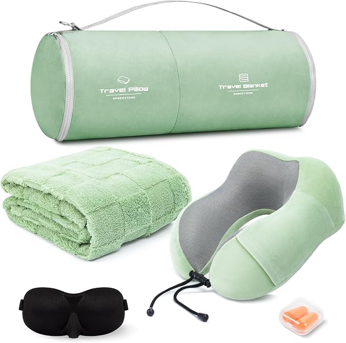 Travel Pillow and Blanket Set Neck Pillows Soft Blankets with Sleep Mask Travel Essentials for Airplane Car Memory Foam Sage Green