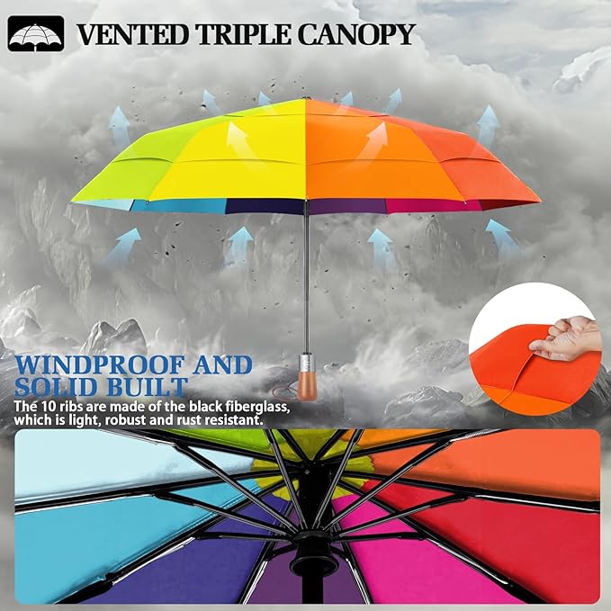 Umbrellas for Rain, 47" Large Windproof Travel Umbrella, Triple-Layer Vented Canopy, 10 Fiberglass Ribs, Auto Open Close Compact Umbrella, Wooden Handle, Heavy Duty for Commute, Gifts for Men & Women
