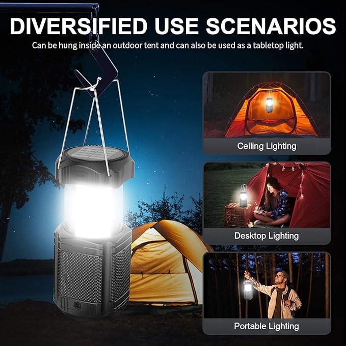 Camping Lantern 5000mAh Solar Hand Crank Telescopic LED Flashlight USB Charger for Power Outages ,Portable Rechargeable Battery Powered Operated Lanterns Lamp, Camping Gear Accessories (Black)