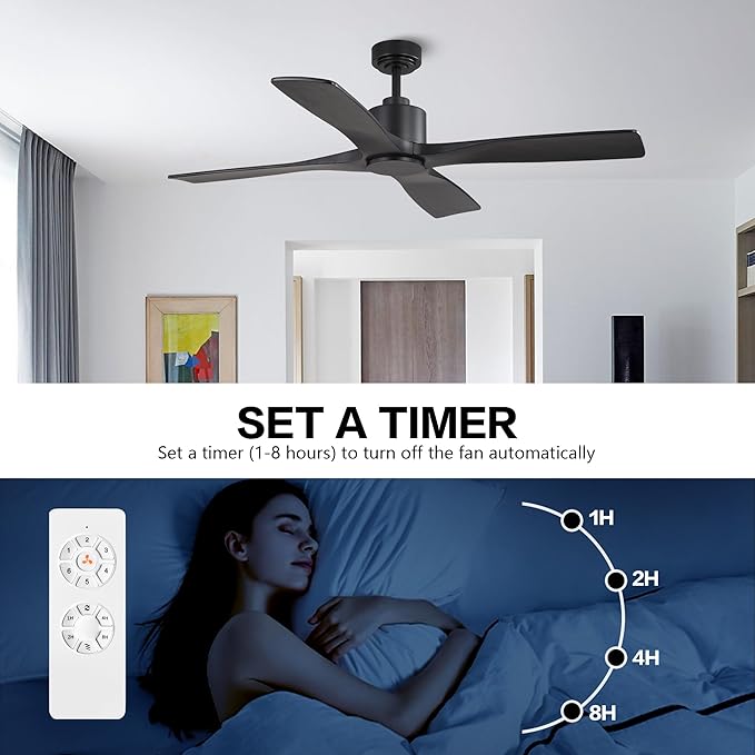 WINGBO 54" DC Ceiling Fan without Lights, 4 Carved Solid Wood Blades, 6-Speed Noiseless Reversible DC Motor, Modern Ceiling Fan No Light with Remote, Matte Black Finish with Black Blades, ETL Listed