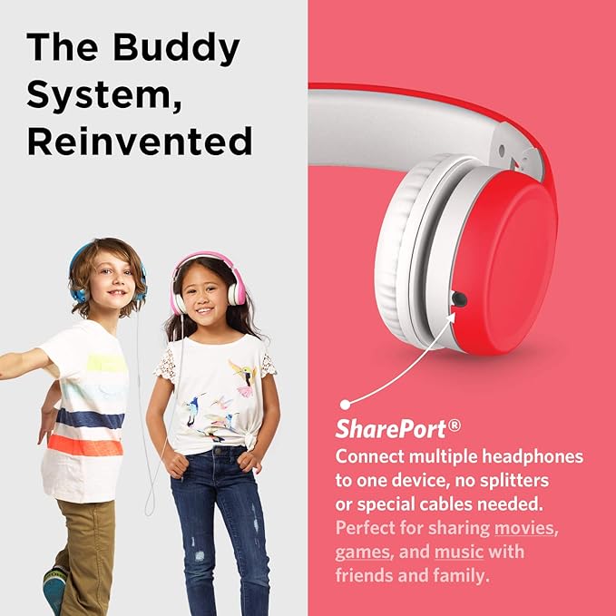 LilGadgets Connect+ Foldable Headphones, Adjustable Fit Soft Touch Padding for Kids with Mic, Volume-Limited & Noise Reduction On-Ear Wired Headset for School with SharePort - Red, Ages 3-14