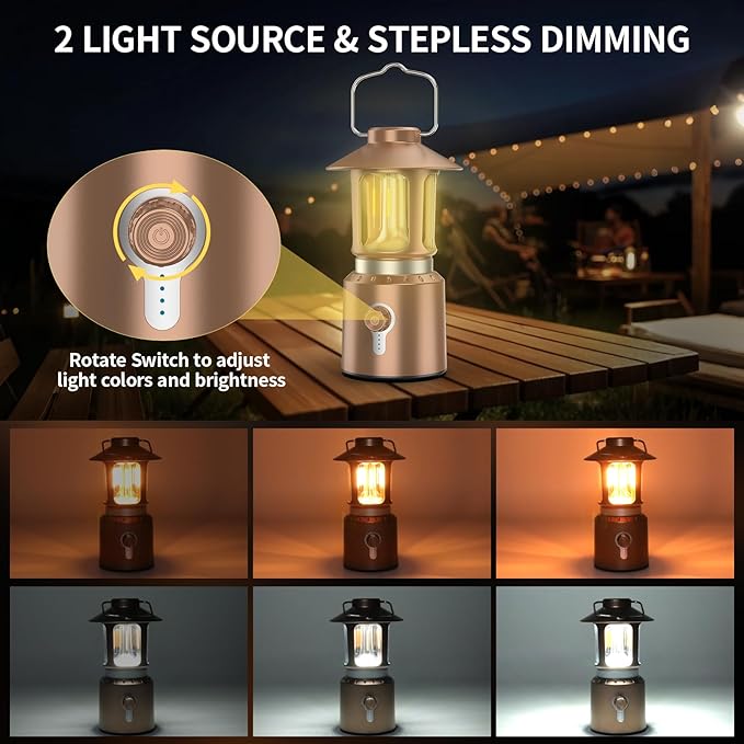 Retro Classic LED Camping Lantern, Rechargeable Stepless Dimming Vintage Lantern, 3 Light Modes (2000K-6500K), 8000mAh Power Bank, Bright Hanging Tent Light for Indoor & Outdoor, Hiking, Camp