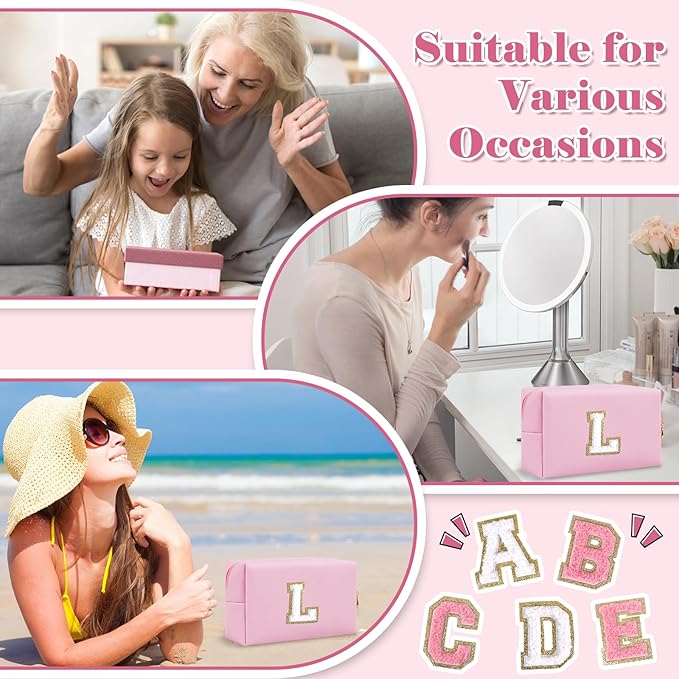 Personalized Initial A-Z Preppy Patch Makeup Bag,Small PU Chenille Letter Cosmetic Bag with Zipper for Teen Girls,Pink Cute Toiletry Organizer Bag,Monogram Makeup Case Gift for Women Girls,Letter L
