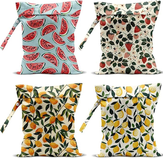 4 Pack Cute Fruit Wet Bag Waterproof Washable Reusable Wet Dry Bag for Swimsuit Clothes Cloth Diaper Travel Beach Pool Yoga Gym Toiletries Travel Beach Essentials Lemon Strawberry Watermelon
