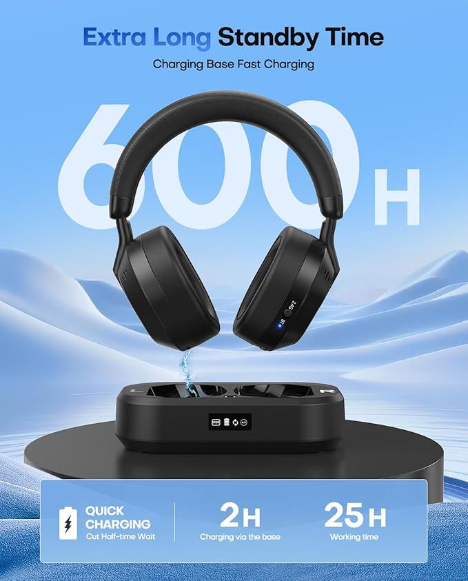 Ensemble-TV Wireless Headphones with LED Display, Bluetooth V5.3, No Lip-Sync Delay, Plug and Play, Gifts for Elderly (Black)