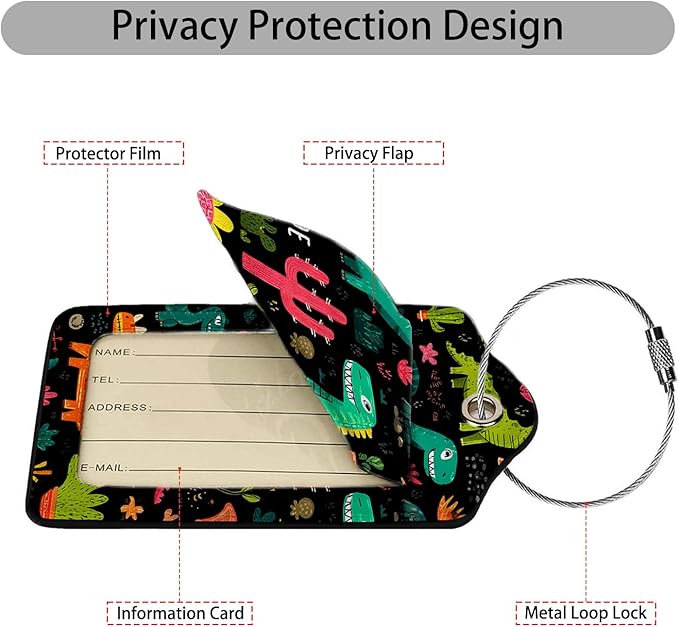 Cute Cartoon Dinosaur Luggage Tag 3 Pack Travel Cruise Luggage Tags for Suitcases, Identifiers Bag Tags with Privacy Flap, Baggage Name Tag for Women Men Luggage Backpack Handbag School Bag