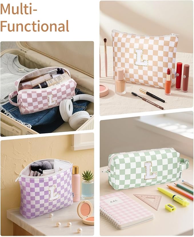 Narwey 2 Piece Personalized Initial Makeup Bag Checkered Cosmetic Bags, 6 8 10 11 12 13 14 16 18 Years Old Teen Girl Gifts Trendy Stuff Birthday Gifts for Women, Travel Toiletry Bag (Brown Letter L)