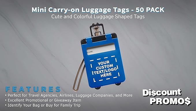 50 Mini Carry-on Luggage Tags Pack - Customizable Text, Logo - Flip Open Cover, ID Sticker - Blue