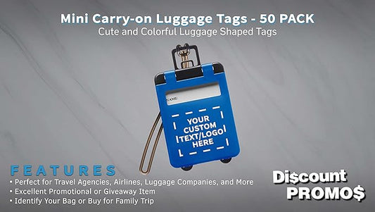 50 Mini Carry-on Luggage Tags Pack - Customizable Text, Logo - Flip Open Cover, ID Sticker - Blue