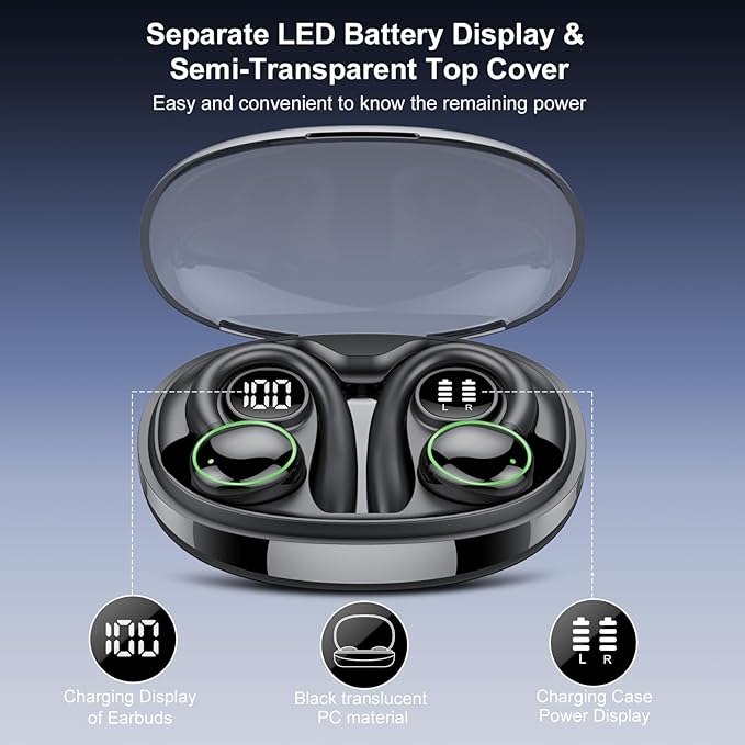 Wireless Earbuds, Bluetooth 5.4 Headphones Sport, Over Ear Buds With ENC Noise Cancelling Mic, 48H, Wireless Earphone With Earhooks, Stereo Deep Bass, IP7 Waterproof Headset for Workout Running, Black