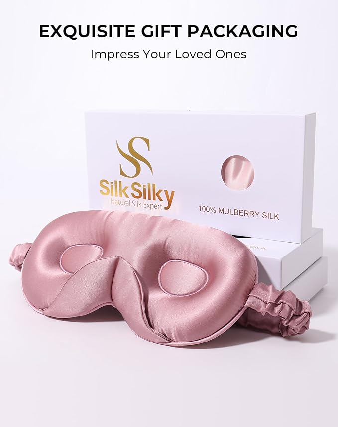 SilkSilky 100% 22 Momme Mulberry Silk Sleep Mask – Upgraded 3D Contoured Eye Mask with Nose Wing Pads & Adjustable Strap, Luxury Blackout Eye Cover for Women & Men (Pale Mauve)