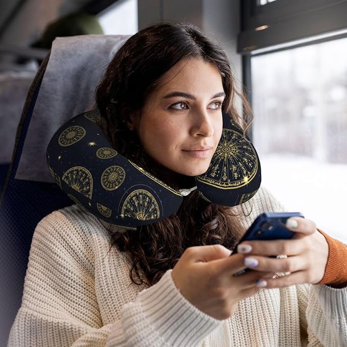 Travel Pillow Chin Neck Support, Comfortable Airplane Car Pillows for Rest, Memory Foam U Shaped Office Home Nap Sleeping Cushion Norse Gold Viking Vegvisir Runic Compass