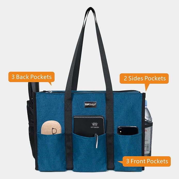TOPDesign Utility Water Resistant Tote Bag with 13 Pockets, Top Zipper Closure & Thick Bottom Support, for Working Women