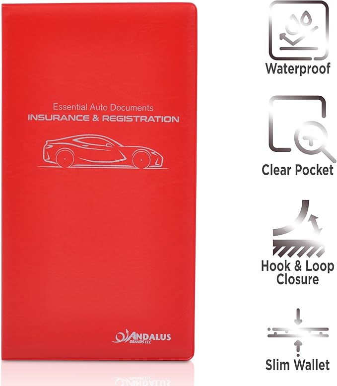 Andalus Auto Registration & Insurance Card Holder Pack of 1, Waterproof Essential Car Registration Holder with Hook & Velcro Closure, Perfect for Every Vehicles Glove Boxes (Red - 9.5" x 5.15")