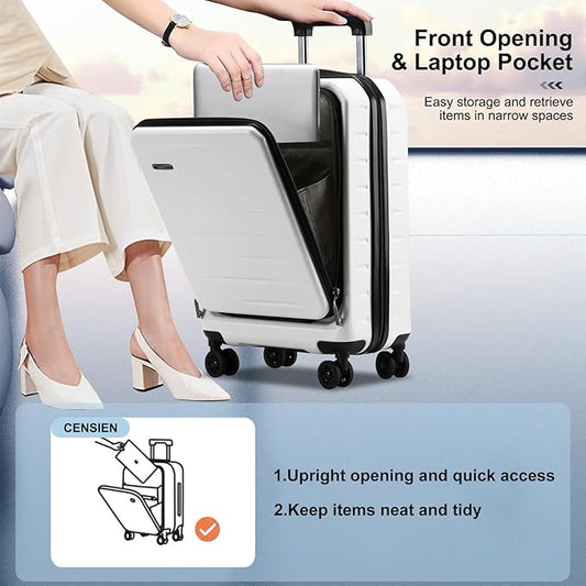 Carry On Luggage 22×14×9 Airline Approved, 20 Inch Lightweight ABS+PC Hard Shell Suitcases with Front Pocket, Spinner Wheels, TSA Lock (White, 1PC)