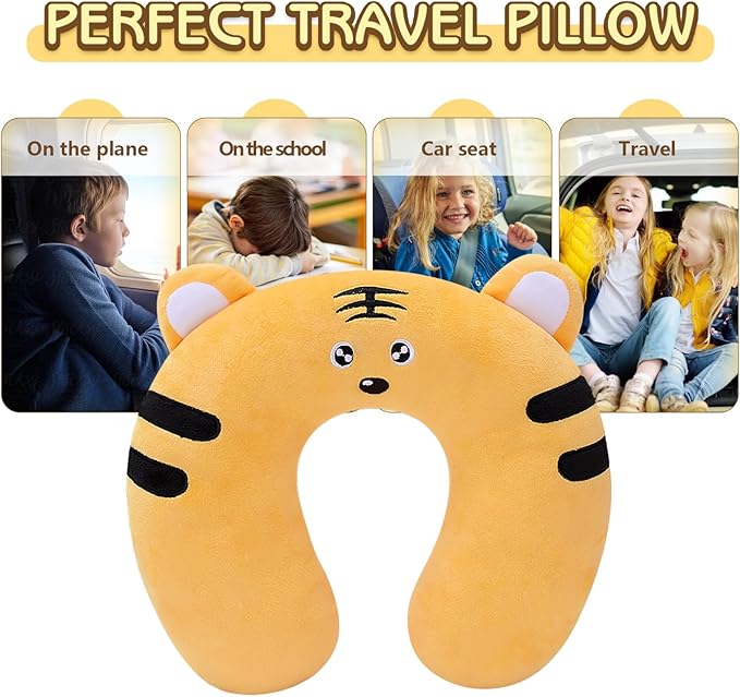 H HOMEWINS Travel Pillow for Kids,Cute Animal Toddler Neck Pillow for Boys Girls,Soft Neck Head Chin Support Pillow,Travel Accessories for Airplane, Car, Train,Recline (Tiger)