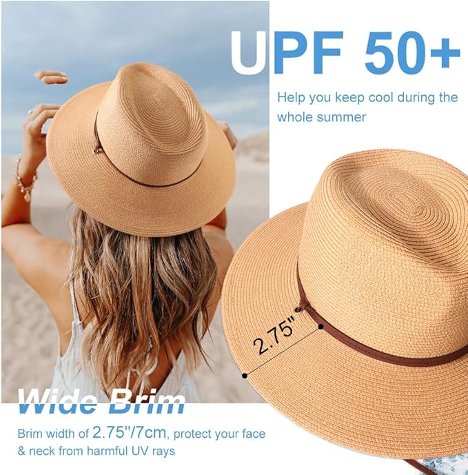 DRESHOW Women Straw Panama Hat Travel Fedora Beach Sun Hat Summer Wide Brim Straw Roll up Hat UPF 50+