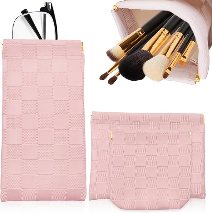 3PCS Small Makeup Bag for Women, Mini Cosmetic Bags Leather Pocket Pouch Purse,Snap Closure Waterproof Portable Bag,Checkered Storage Travel Bag for Lipstick Change Glasses Coin Cards (Pink)