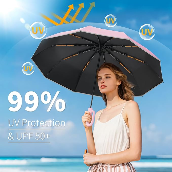 Seniny Travel Umbrella with Carabiner Handle, Windproof Large Umbrellas for Rain with Dual-Rib Structure, Portable Compact Umbrella with Reflective Strip, Car Backpack UV Umbrellas for Sun Protection
