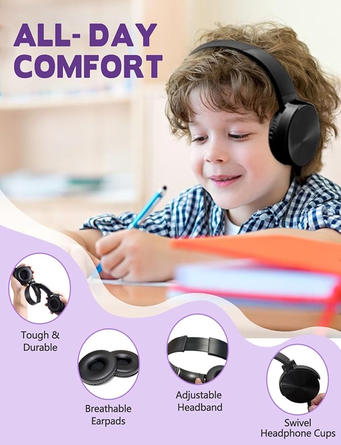Kids Headphones 2 Pack for School Classroom Students Teens Children Toddler Boys Girls and Adult (HY450, 2 Black)