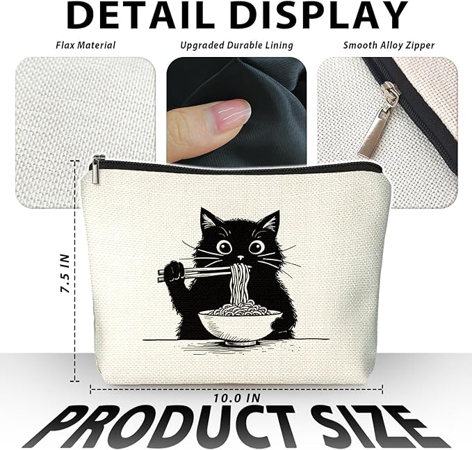 Black Cat Makeup Bag, Funny Black Kitty Eat Noodles Cosmetic Bags for Women, Cat Mom Lady Lover Gifts for Women, Pet Lovers Owners Gifts Zipper Makeup Pouch