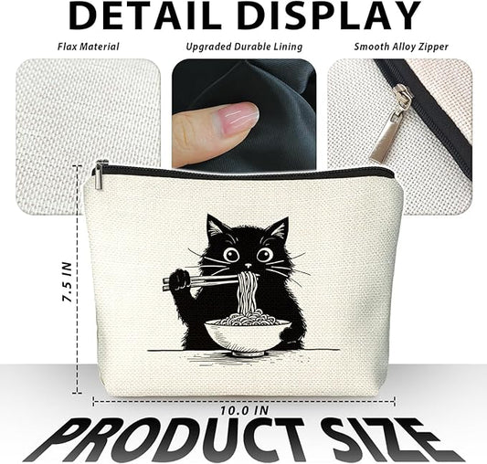 Black Cat Makeup Bag, Funny Black Kitty Eat Noodles Cosmetic Bags for Women, Cat Mom Lady Lover Gifts for Women, Pet Lovers Owners Gifts Zipper Makeup Pouch