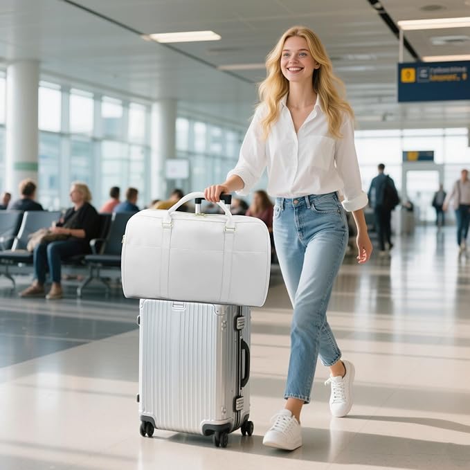 Travel Duffle Bag for Women & Men - Weekender Overnight Bag, Large Carry-On Gym Bag, Sports Duffel, Hospital Bag, Yoga Tote,Work Bag & Trolley Sleeve (White)