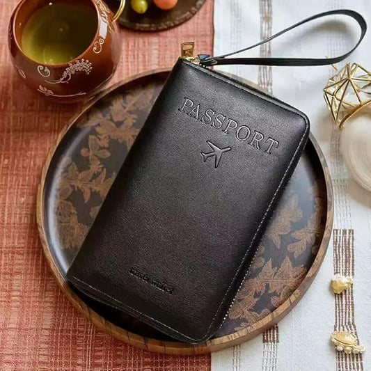 Multi-Functional RFID Passport Wallet,Travel Wallet for Men & Women,With zipper, anti-theft passport holder，Slim Leather Cover for Credit Cards, Tickets, Cash (Black)