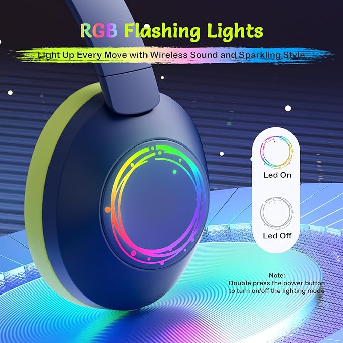 Noise Cancelling Headphones for Kids,Colorful RGB LED Lights, 60H Playtime, Bluetooth 5.4 Wireless Over-Ear Headset Built-in Microphone for Home/School/Party- Includes Portable Case (Blue)