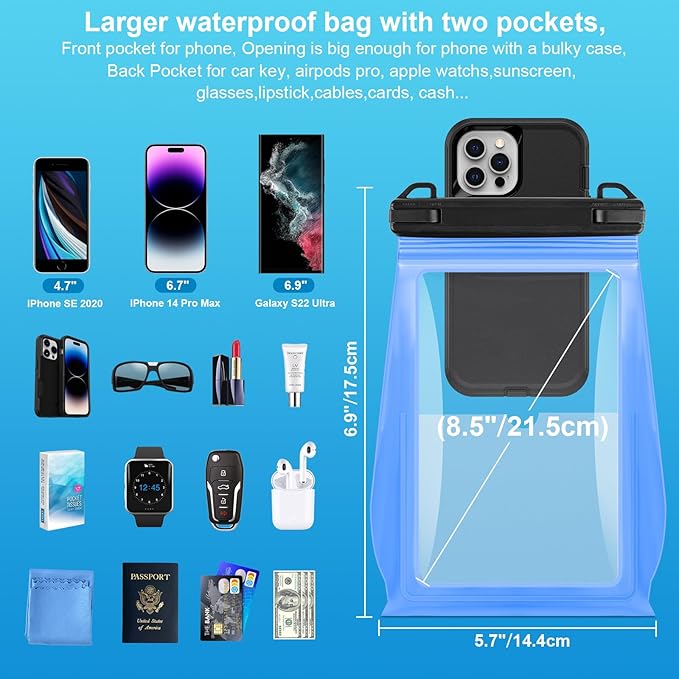 Large Waterproof Phone Pouch Floating, Waterproof Phone Case for iPhone 14 15 Pro Max 13 Plus 12 11 Samsung S23 Ultra S22 up to 8.5'', IPX8 Water Proof Phone Dry Bag for Swimming Kayaking Vacation