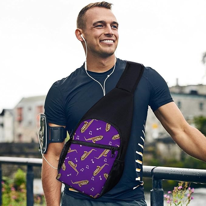 SWEET TANG Womens Fashion Gym Bags Anti Theft Crossbody Shoulder Chest Bag with Small Pocket, Multipurpose Daypack Bag for Cycling Traveling Hiking, Saxophone And Music Purple