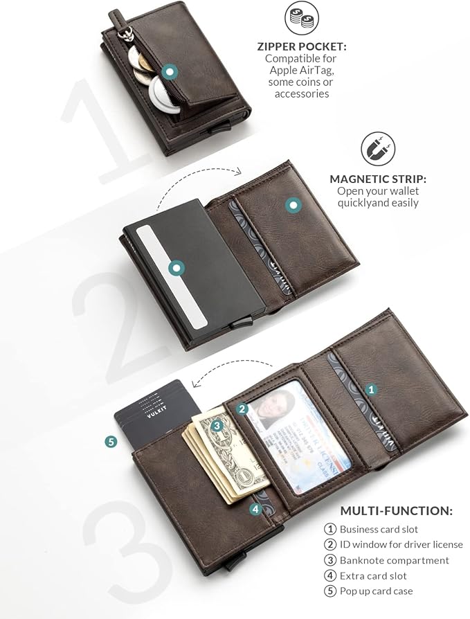 VULKIT Pop up Wallet Minimalist Cash Wallets RFID Blocking Leather Smart Credit Card Holder with Magnetic Closure for Men