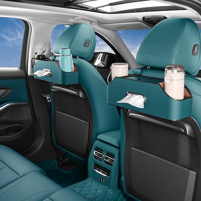 Car Seat Back Organizer - Stylish & Functional Storage for Family Adventures - Cup Holders, Tissue Box & Hooks - Perfect for Kids, Road Trips & Travel (Navy Blue)