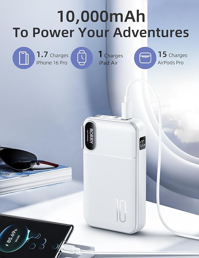 RORRY Portable Charger Built in Cables, AC Wall Plug In Portable Charger Power Bank 10000mAh Travel Battery Pack 22.5W Fast Charging for iPhone 17/16/15 Samsung Galaxy S24/S23/S22 Pixel LG iPad, White