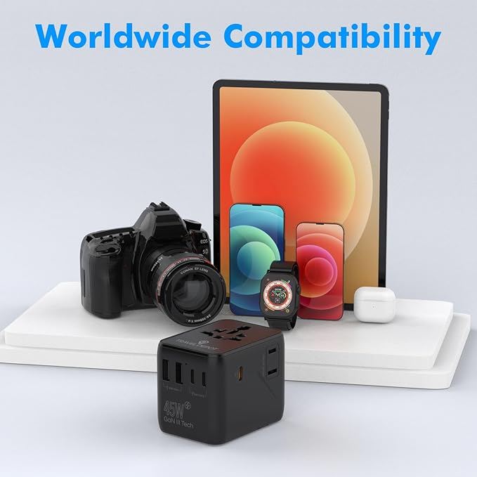 7 in 1 Travel Adapter Worldwide w/GaN 45W, 2 USB-A (15W), 3 USB-C (45W), 2 AC Outlets, Safety Certified International Plug Adapter for Universal Laptop, Phone, Camera for US, EU, UK, AU