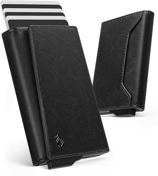 YESIIW Slim wallet for Men - Premium Genuine Leather Wallet - Pop up Smart Mens Wallet Card Holder for 7-9 Card Capacity | 1 ID Window | Cash Slot - Thin, Minimalist, Trifold, RFID Blocking (Black)