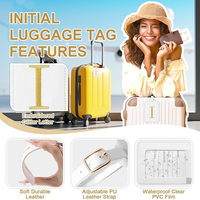 Personalized Initial Luggage Tags for Suitcase TSA Approved, White Leather Cute Luggage Tag with Privacy Cover Name Card, Embroidered Custom Luggage Tags Travel Baggage Tags Gifts for Women Kids(I)