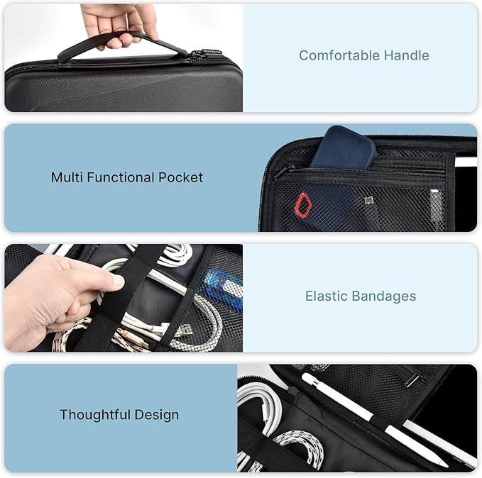 Electronics Organizer Travel Case for MacBook Power Adapter Charger Cables, Double Layer for Mouse, Power Banks, IPad, Airpods, for Apple Pencil, USB Flash Disk SD Card and Other Accessories - Black