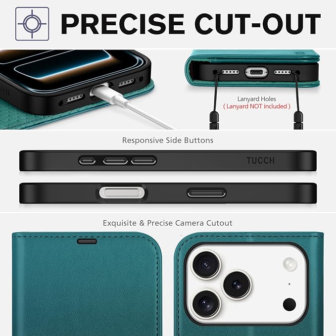 TUCCH Wallet Case for iPhone 17 Pro (6.3") 2025, 4 Card Holders | RFID Blocking | Stand | Shockproof TPU Shell | PU Leather | Magnetic Closure | Protective Flip Folio Cover | Bluish Green