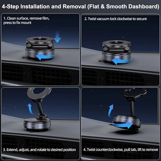 Vacuum Magnetic Suction Phone Holder, Foldable and Retractable Hands-Free Suction Cup Phone Mount for Car/Gym/Mirror/Smooth Surface, Compatible with iPhone Android and All Smartphones (Black)