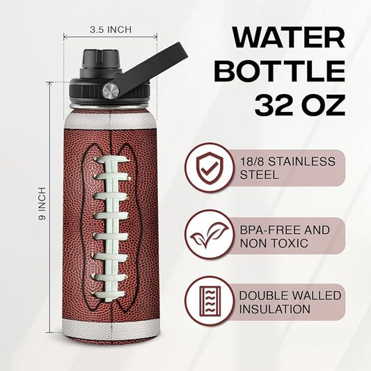 Football Water Bottle 32oz Stainless Steel Insulated Bottles for Men Boys Sports Lovers Fan Players Coach - Softball Gifts for Birthday Christmas