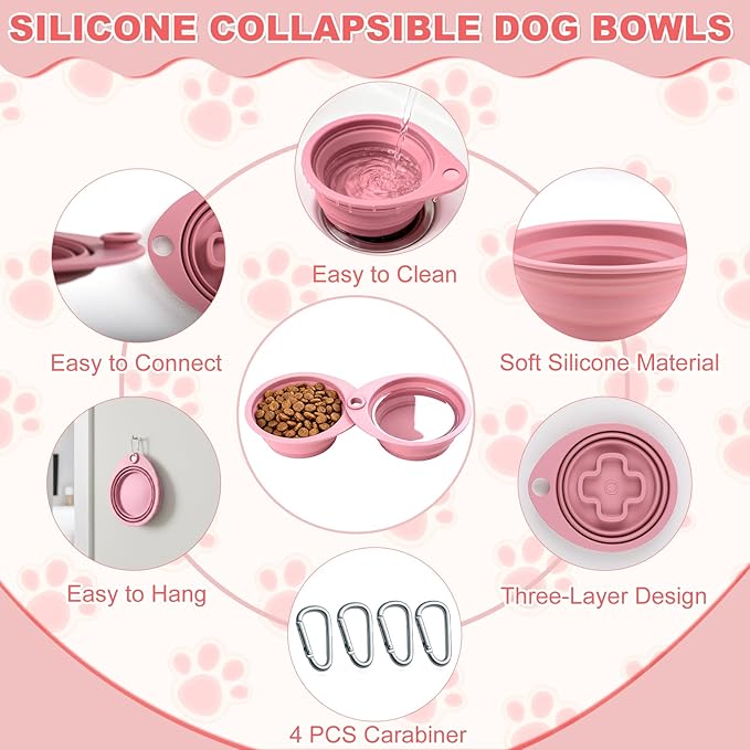 2-Pack Silicone Collapsible Dog Bowls with 4 Carabiners, Food-Grade Portable Pet Travel Bowls for Dogs & Cats, Foldable Water Feeder for Outdoor, Hiking, Camping (Pink)