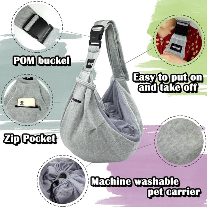 NATUYA Pet Dog Sling Carrier - Breathable Mesh Travel Safe Sling Bag Carrier for Dogs Cats-Hands Free Pet Bag-Buckle net Pocket pet Bag (Grey)