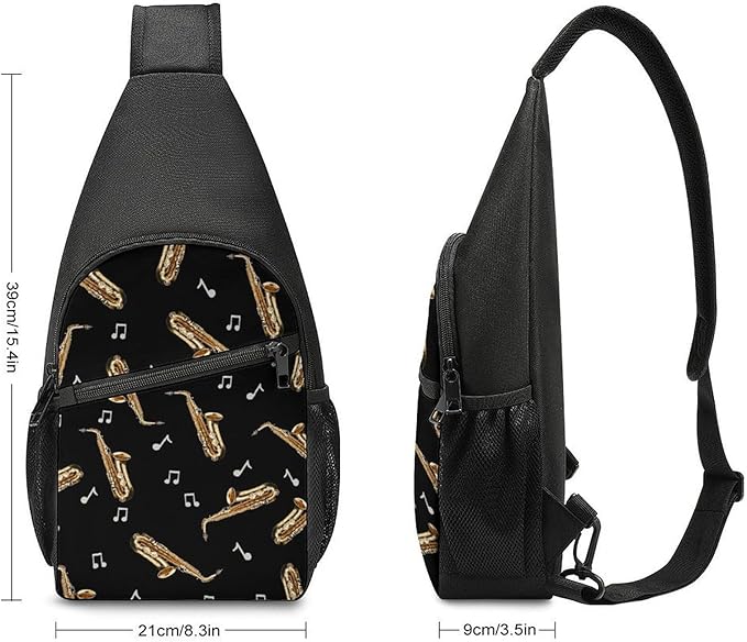SWEET TANG Anti Theft Sling Chest Bag Shoulder Backpack Saxophone And Music Black Crossbody Bags Gym Sack, Polyester Daypack Lightweight for Men Women Travel Gym Sport Hiking