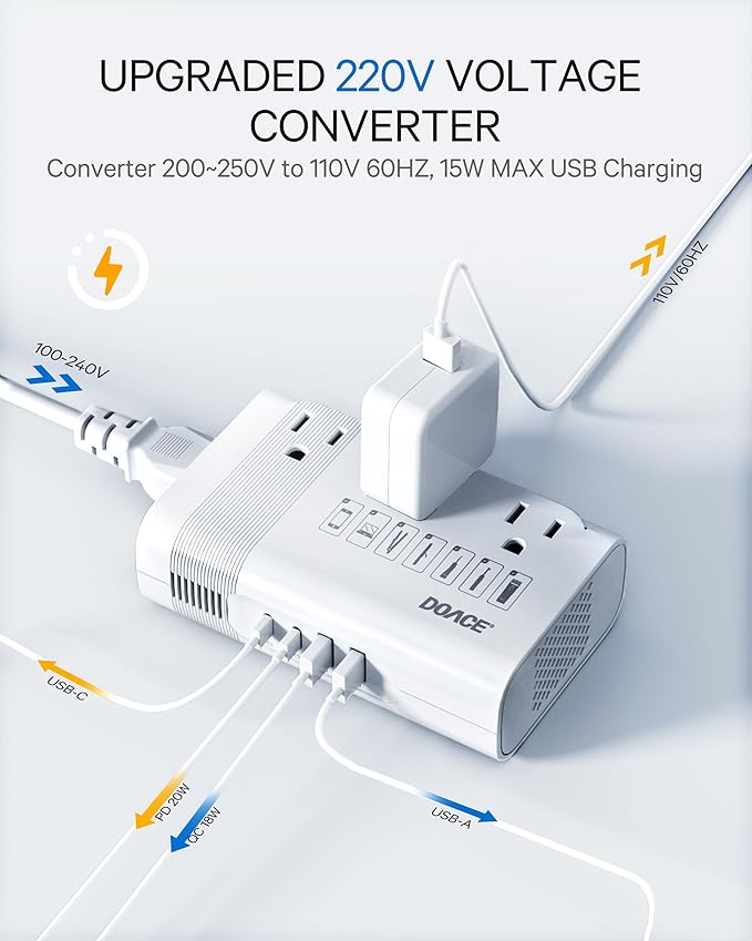 DOACE 220v to 110v Voltage Converter US to Europe: 350W 220 to 110 Voltage Converter for European Travel - International Power Adapter Plug Combo Step Down Transformer White