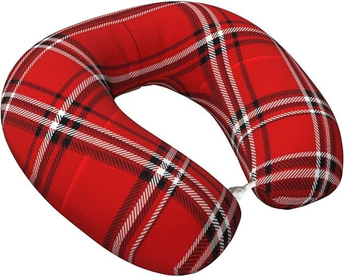 Neck Travel Pillow, Breathable Memory Foam Chin & Head Support Cushion Red Tartan Plaid Pattern for Airplane Car Sleeping Rest