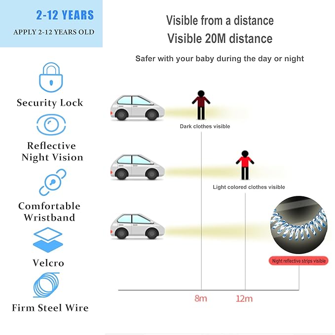 Anti-Lost Wrist Link, Blue Reflective Anti-Lost Wrist Chain with Child Lock 6.56 feet.