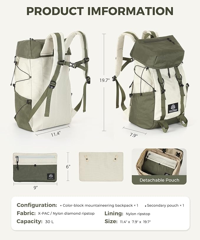 Hiking Backpack for Women Men Lightweight Camping Backpack with Rain Cover 30L Waterproof Hiking Daypack Bag with Hiking Pole Carrying System for Travel Trekking Mountaineering Large Capacity (Green)